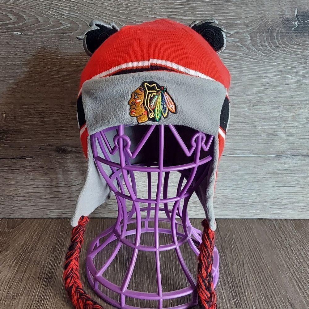 Kids Red Chicago Blackhawks Wordmark Ears Trooper Knit Tassel Hat